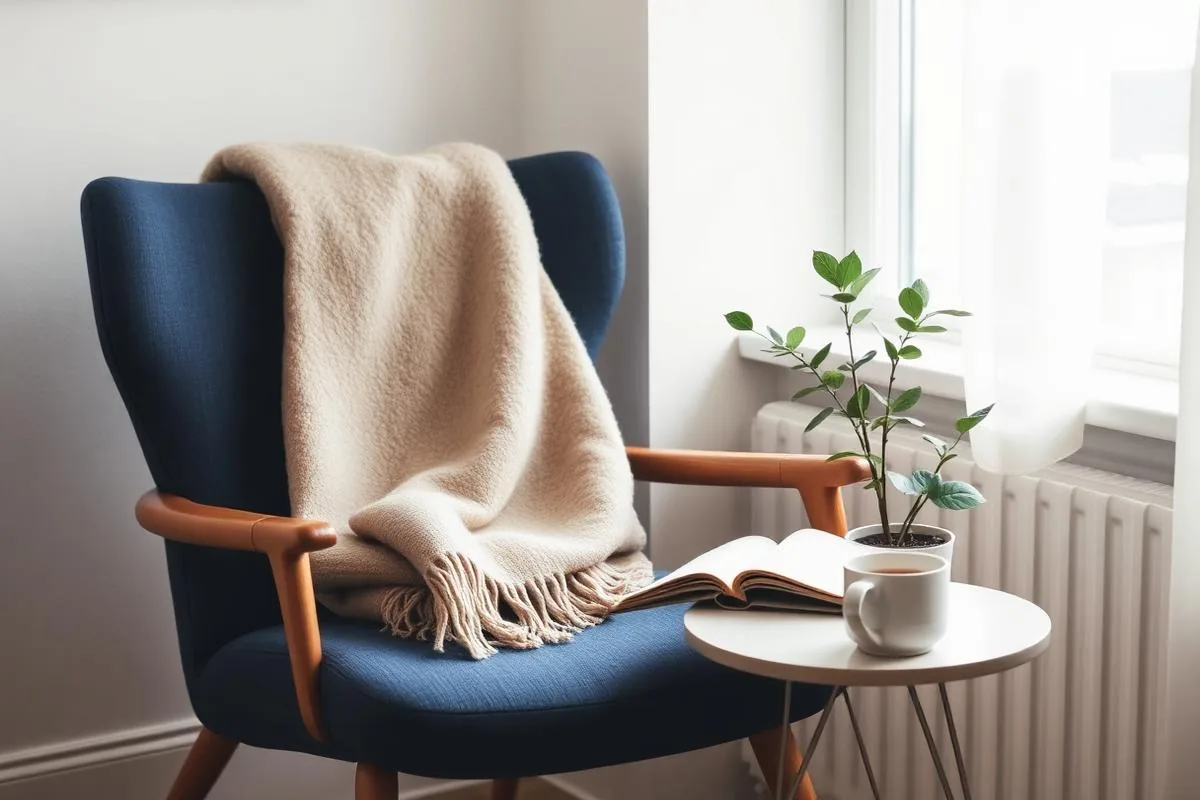 Calm reading nook with armchair, throw blanket, open notebook and a mug