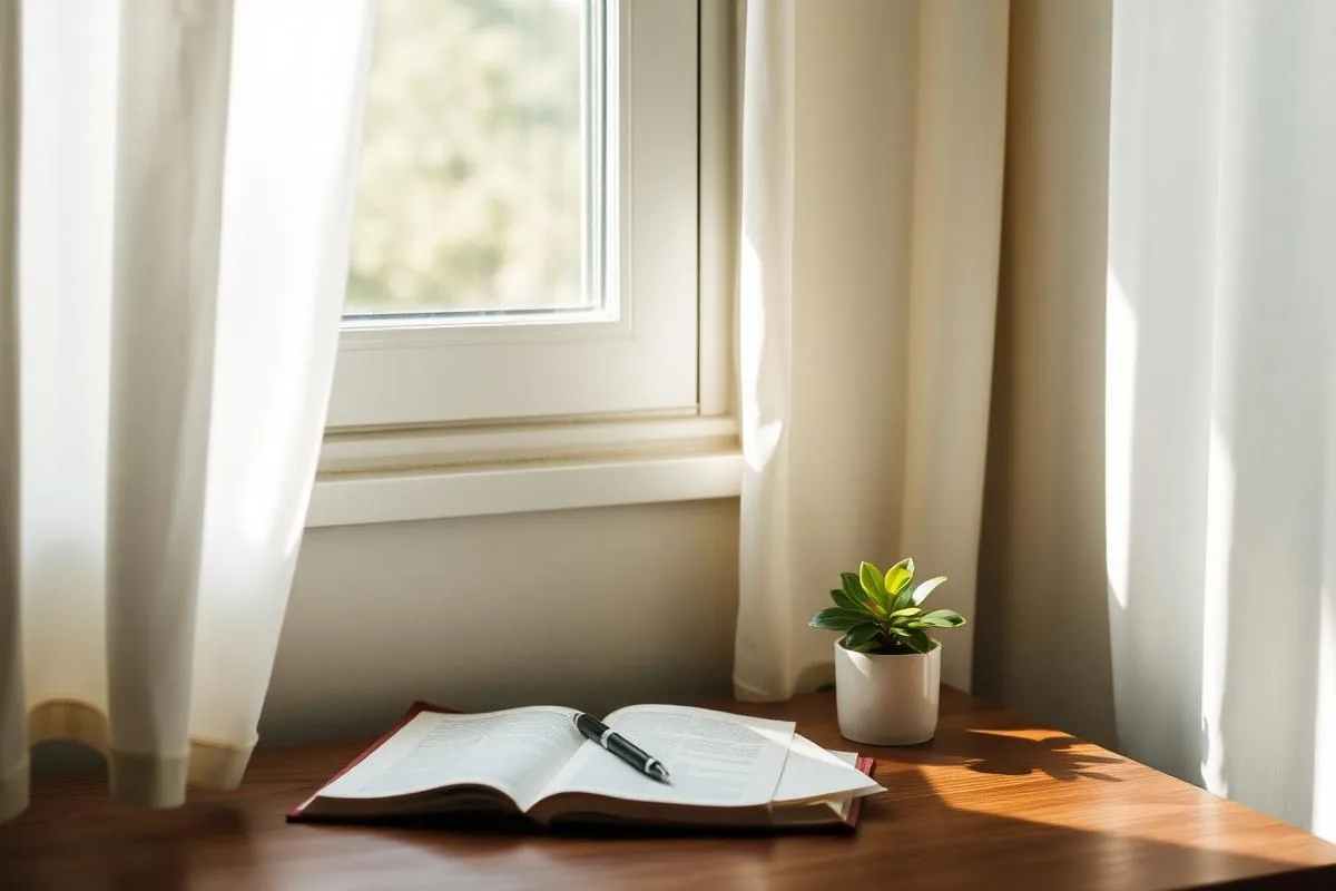 Open notebook and pen on a sunlit desk representing therapy reflection