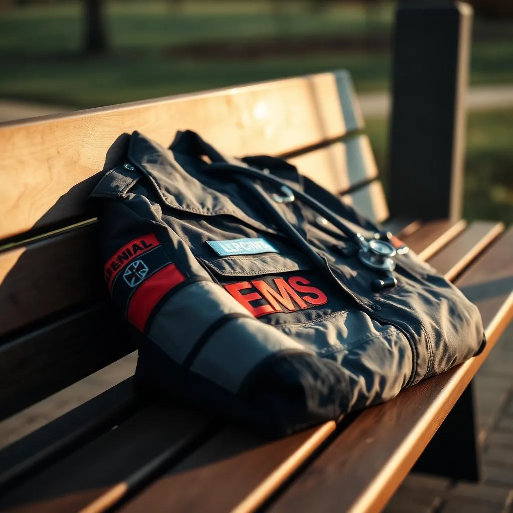 EMS paramedic jacket and stethoscope folded on a wooden bench in soft morning light