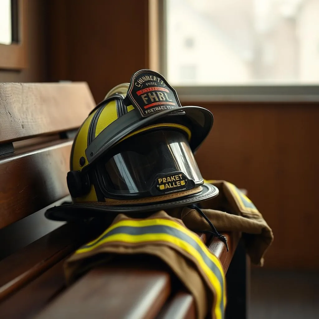 Firefighter helmet and turnout coat resting on a wooden bench in soft natural light