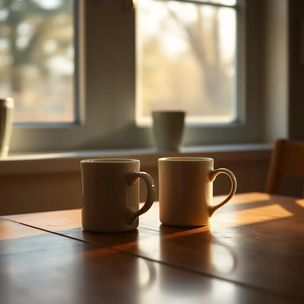 Two coffee mugs on a wooden kitchen table by a window in soft morning light