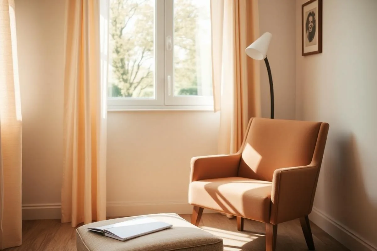 Sunlit chair and notebook in a warm therapy room