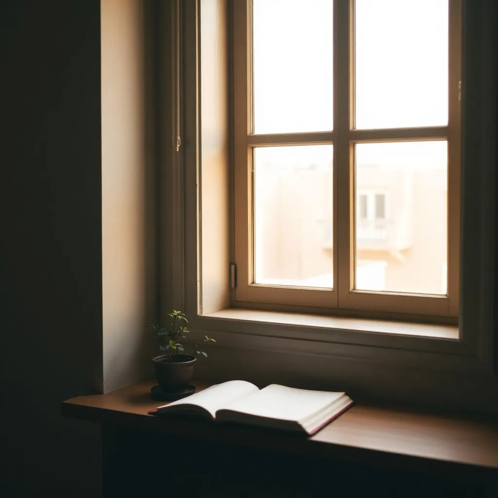 Soft morning light on a wooden windowsill with a small plant and closed journal