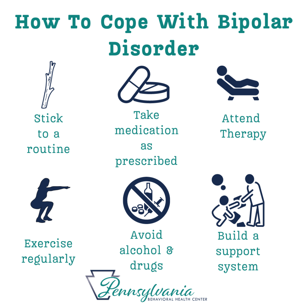 how to cope with bipolar disorder exercise mental health attend therapy medication as prescribed no alcohol and drugs build a support system stick to a routine ask for help get treatment near me php iop op