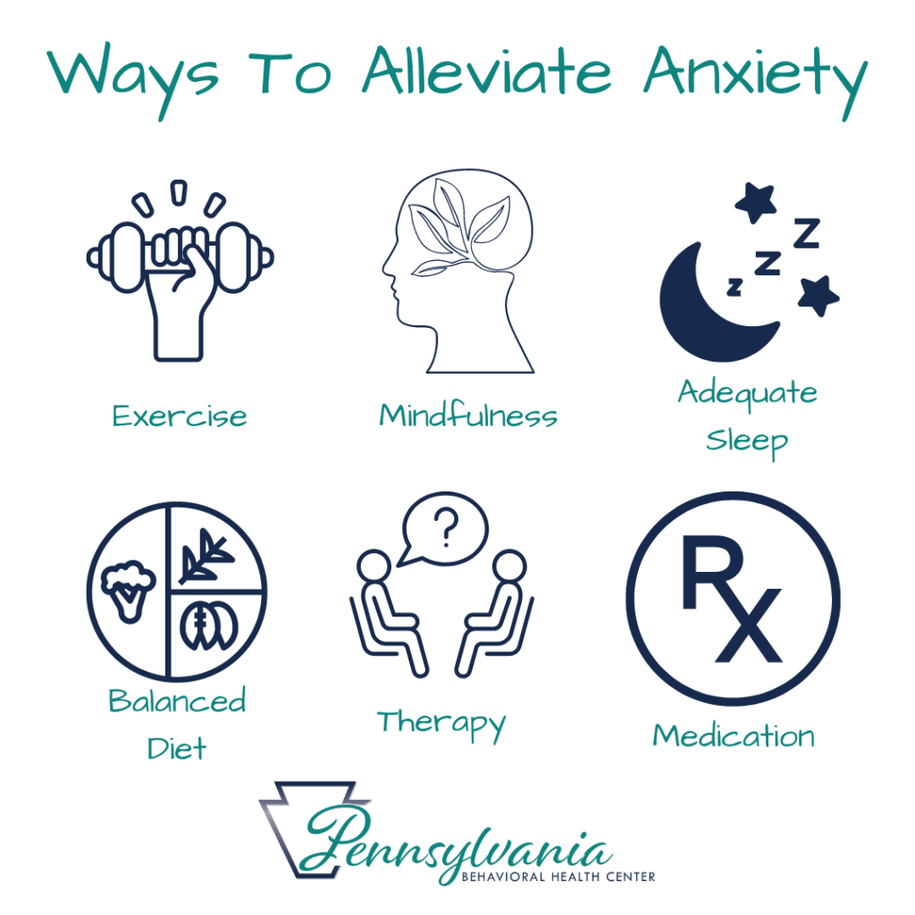 ways to alleviate anxiety mental health mindfulness exercise diet adequate sleep medication therapy behavioral health psychiatry help is here delaware philadelphia depression